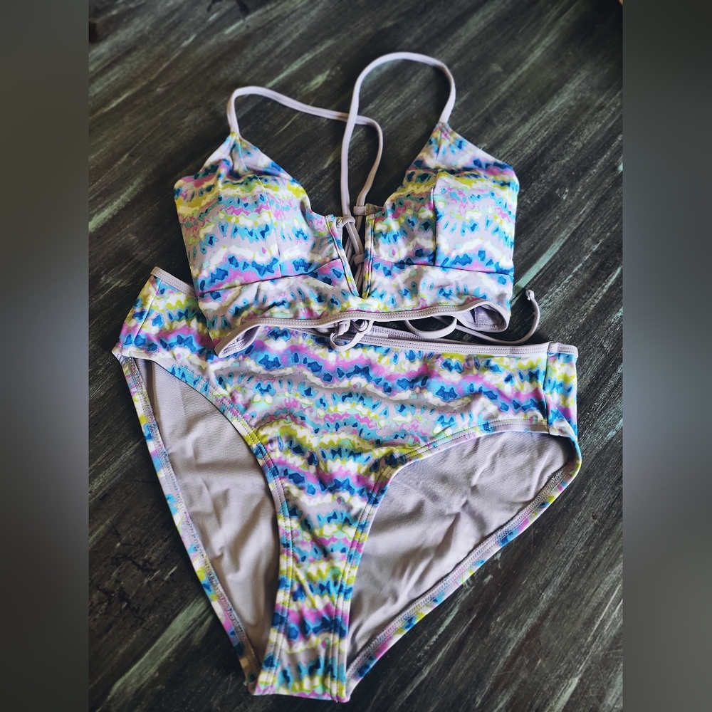 New! Blue Purple Tie Dye Hot Time & True 2 Piece Bikini Swim Suit S